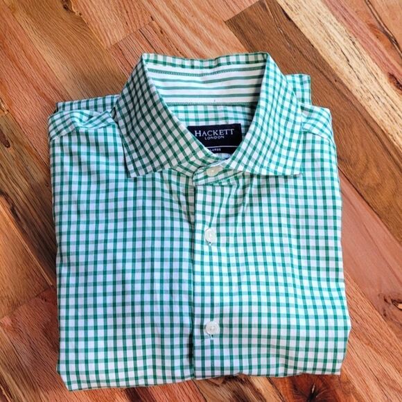 Hackett London Large Slim Fit Cotton Checkered Green Button Down Luxury Shirt - Picture 1 of 12